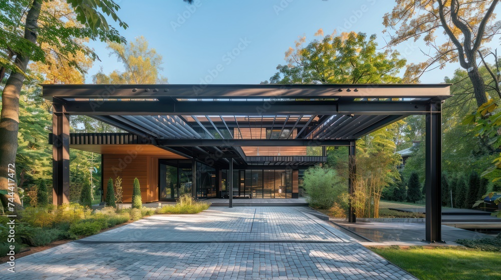 Modern steel carport in a family home. Modern house in the back