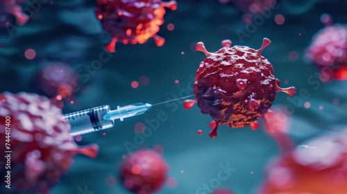 Macro image of a needle being pricked at a cancer cell. Research of cancer diseases, viruses in infected organism , viral disease epidemic, vaccine