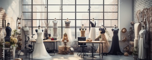 Interior of fashion designer studio room with various sewing items, fabrics and mannequins standing.