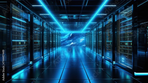 Modern Data Technology Center Server Racks in Dark Room with VFX. Visualization Concept of Internet of Things  Data Flow  Digitalization of Internet Traffic. Complex Electric Equipment Warehouse.