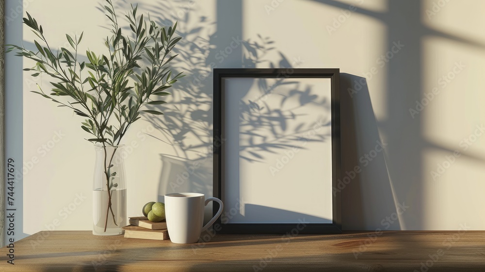 Standing blank black frame near vase plant, book, and coffee cup in a brown wood table and natural sunlight on white wall background Standing blank black frame near vase plant, book, and coffee cup in a brown wood table and natural sunlight on white wall background