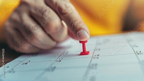 Man pointing on calendar or schedule to marking color paper note target date appointing photo