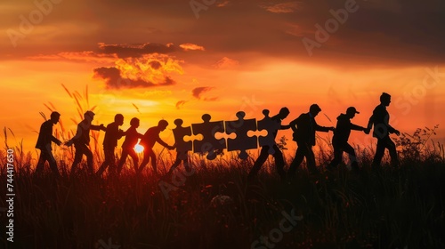 Silhouetted group of people connecting large puzzle pieces. Teamwork and collaboration concept with sunset background