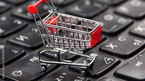 Shopping cart on laptop keyboard, in different backdrops
