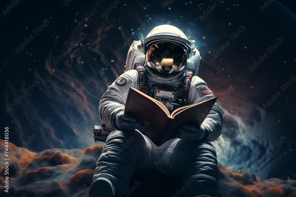 a boy waring an astronaut suit reading a book in outer space