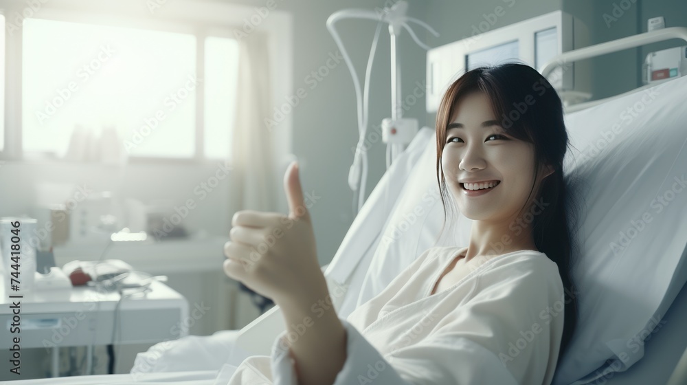 Happy female patient smiling, and raises thumb up to show Happy female patient smiling, and raises thumb up to show