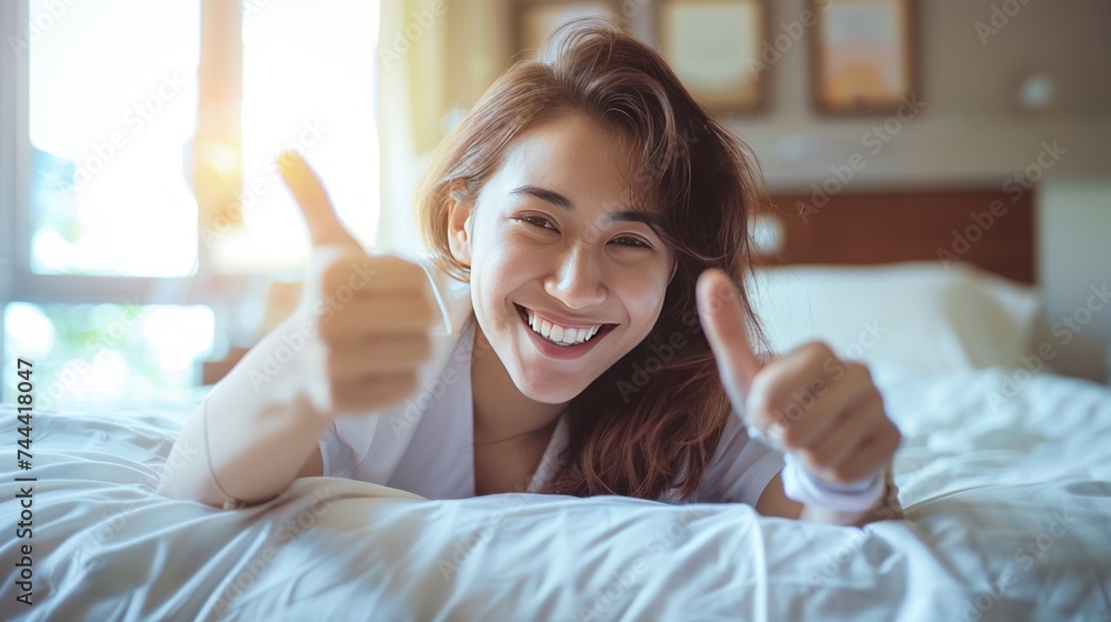 Happy female patient smiling, and raises thumb up to show Happy female patient smiling, and raises thumb up to show