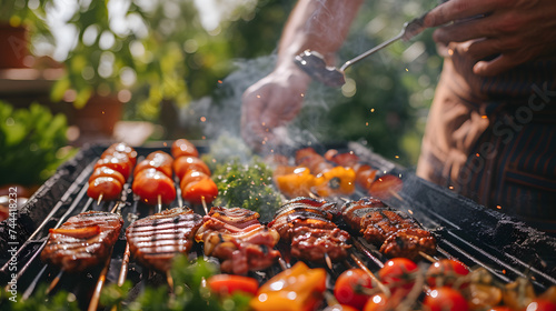 A man is cooking meat and vegetables on a BBQ grill.