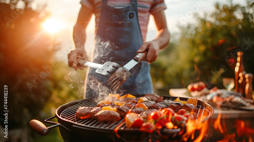 A man is cooking meat and vegetables on a BBQ grill.