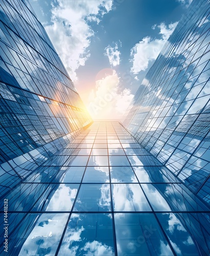 glass buildings with cloudy blue sky background