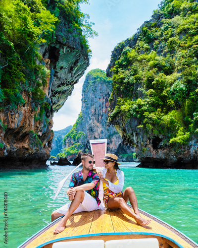 Cuadro en lienzo Luxury Longtail boat in Krabi Thailand, couple man, and woman on a trip to the tropical island 4 Island trip in Krabi Thailand