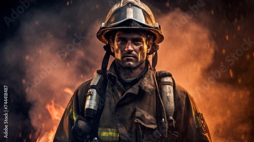 firefighters in uniform, against the background of the fire