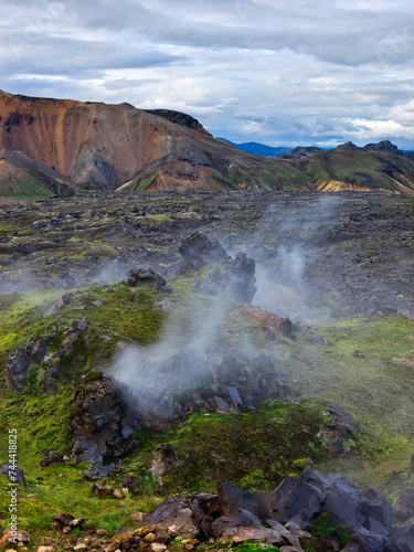 Rocky Landscape with Steam Vents  Landmannalaugar  Iceland