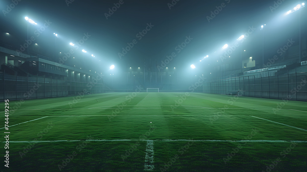 Fototapeta premium A soccer field at night with bright lights shining down.