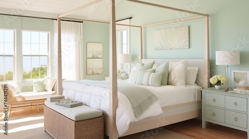 Coastal-chic Bedroom with Soft Seafoam Green Walls and Seaside Serenity Design a coastal-chic bedroom with soft seafoam green walls © Abdul