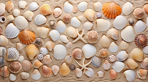 A collection of seashells arranged on a sandy beach.