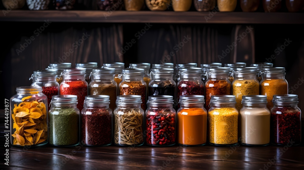 A collection of various spices arranged in glass jars. A collection of various spices arranged in glass jars.