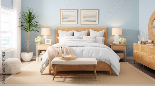 Coastal-inspired Bedroom with Soft Sky Blue Walls and Beachy Accents Design a serene and tranquil bedroom with soft sky blue walls inspired by coastal design principles © Abdul