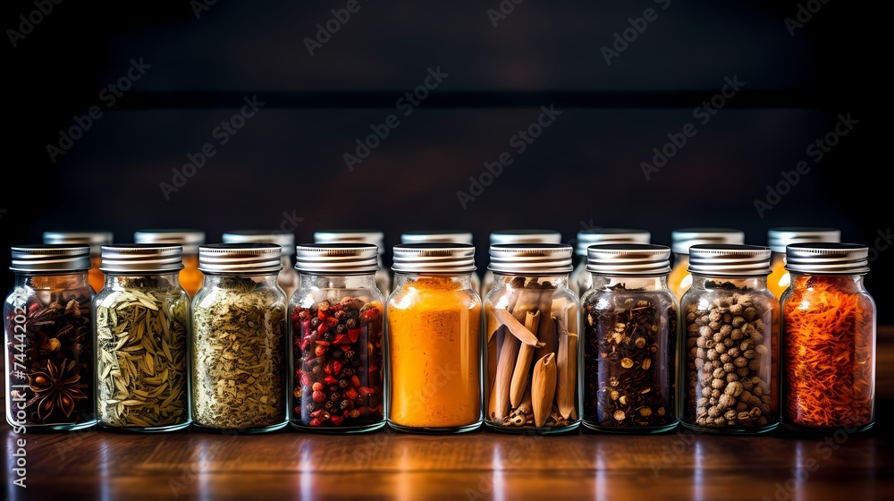 A collection of various spices arranged in glass jars. A collection of various spices arranged in glass jars.