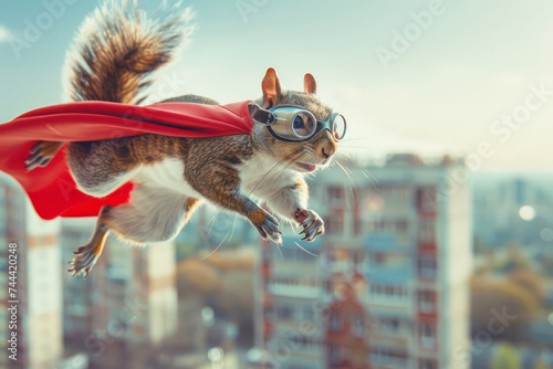 brave squirrel in a superhero cape and glasses jumping between city buildings. spirit of adventure. City buildings background. for advertising children's products, comics, inspiring adventure. photo