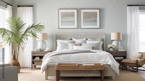 Contemporary Coastal-inspired Bedroom with Soft Gray-blue Walls and Coastal Accents Create a serene and stylish bedroom with soft gray-blue walls inspired by coastal design principles