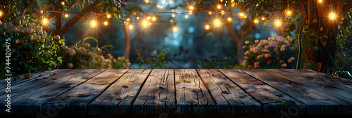 Wooden podium table with bokeh greenery background.