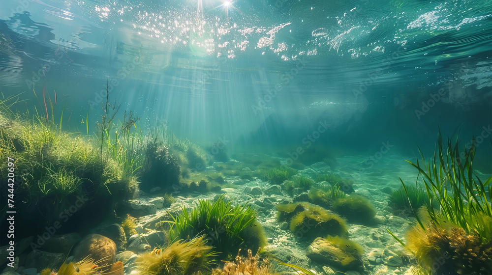 the underwater world of the lake with rays of light