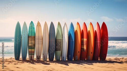 Set of different color surf boards in a stack ,sea and relaxation,