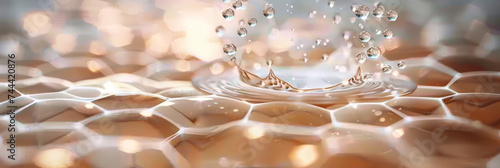 water drop is floating on a hexagon pattern of honeycomb,Collagen Skin Serum and Vitamin , bubbles in water, playful and vibrant, for beauty skin care cosmetics, spa products, or feminine branding photo