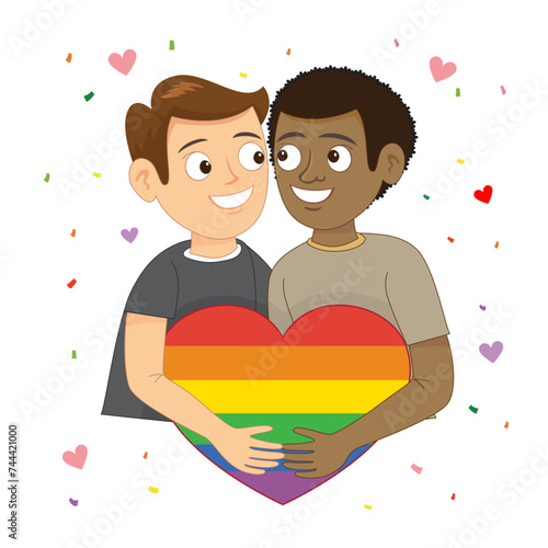 Love of two lgbtq homosexual gay men couple heart LGBT flag rainbow. Concept homosexual, bisexual, 

lesbian, transgender, people.  Flat, Poster, Vector, Illustration, Cartoon, EPS10. 