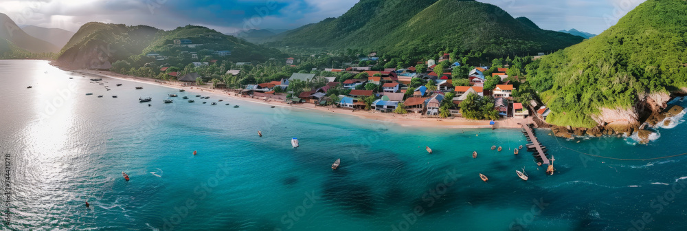  an aerial view of a fishing village and beach,