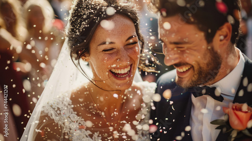 Happy wedding photography of bride and groom at wedding ceremony. Wedding tradition sprinkled with rice and grain