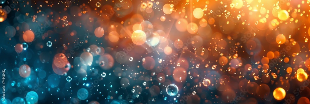 a colorful explosion around fire balls, in gold, orange and azure, bokeh, water drops, abstract texture., bokeh. Contemporary perception of the universe