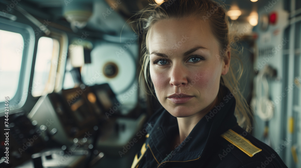 Confident Female Ship Captain at the Helm