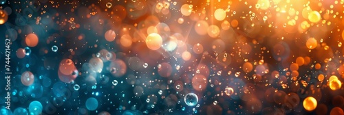 a colorful explosion around fire balls, in gold, orange and azure, bokeh, water drops, abstract texture., bokeh. Contemporary perception of the universe photo
