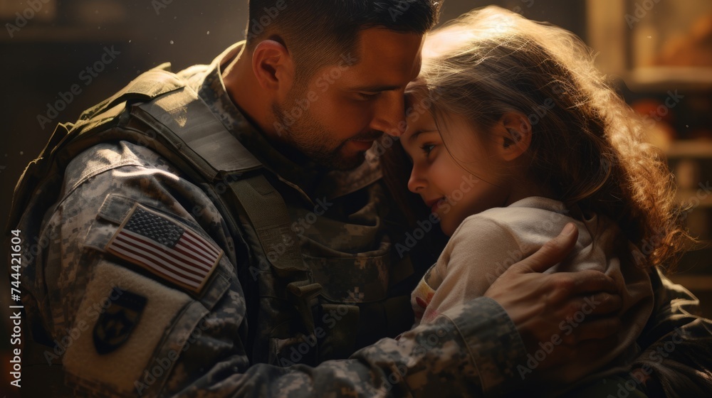 An affectionate military reunion between father and daughter, an emotional moment. Generative ai - obrazy, fototapety, plakaty 