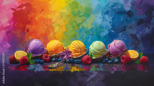 A burst of vibrant gelato ice cream flavors, including lemon, orange, and raspberry, is enhanced with citrus slices and fresh basil, creating a refreshing and delightful treat.