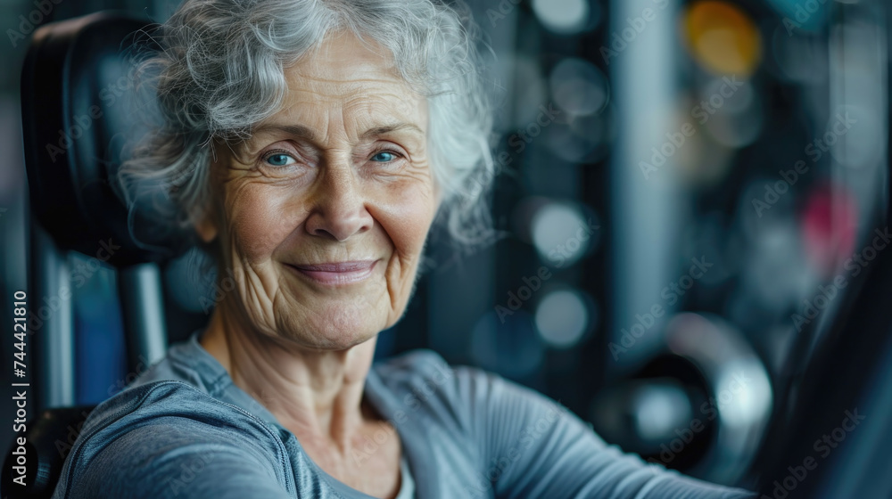 An elderly woman is doing sports in the gym. An elderly woman is doing sports in the gym.