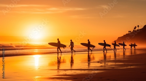 Silhouette Of surfer people carrying their surfboard 
