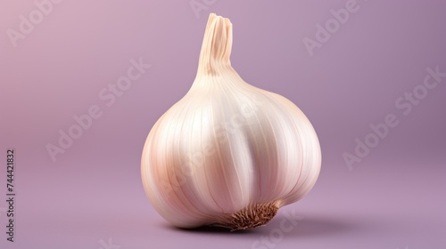Raw unpeeled garlic bulb isolated on a lavender color background. Generative ai