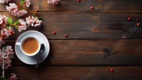 coffee, flowers, on wooden table, flat lay breakfast, 