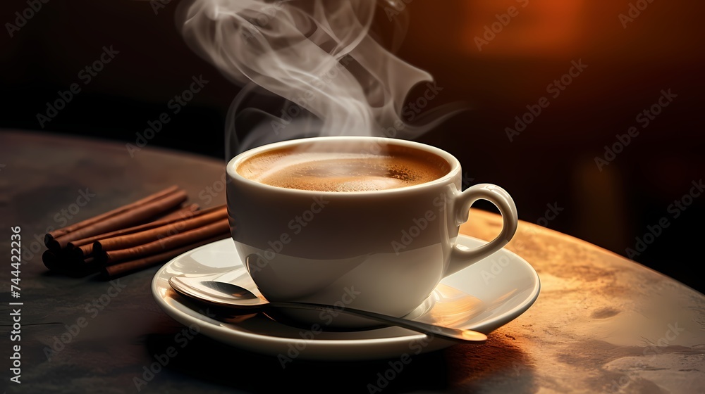 A cup of steaming hot coffee on a saucer with a spoon beside it. A cup of steaming hot coffee on a saucer with a spoon beside it.
