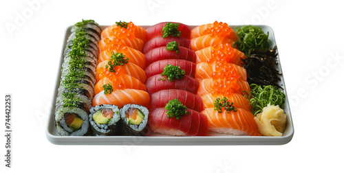 Sushi Sashimi, Japanese food, Asian food arranged in a plate on a white background