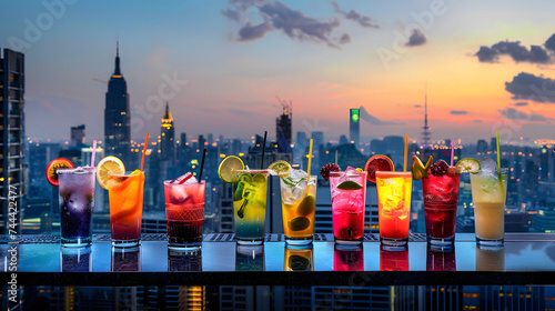 Multi-colored cocktails in a row on the bar counter in a rooftop bar, against the backdrop of a metropolis and skyscrapers.