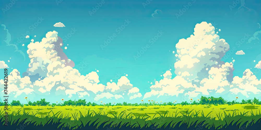 Obraz premium Grass field background, video game retro graphics background, level design trees green grass, vintage style scrolling platform levels, generated ai