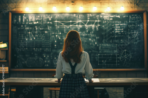 Woman analyzing complex equations on blackboard in dim classroom. Education and intelligence.
