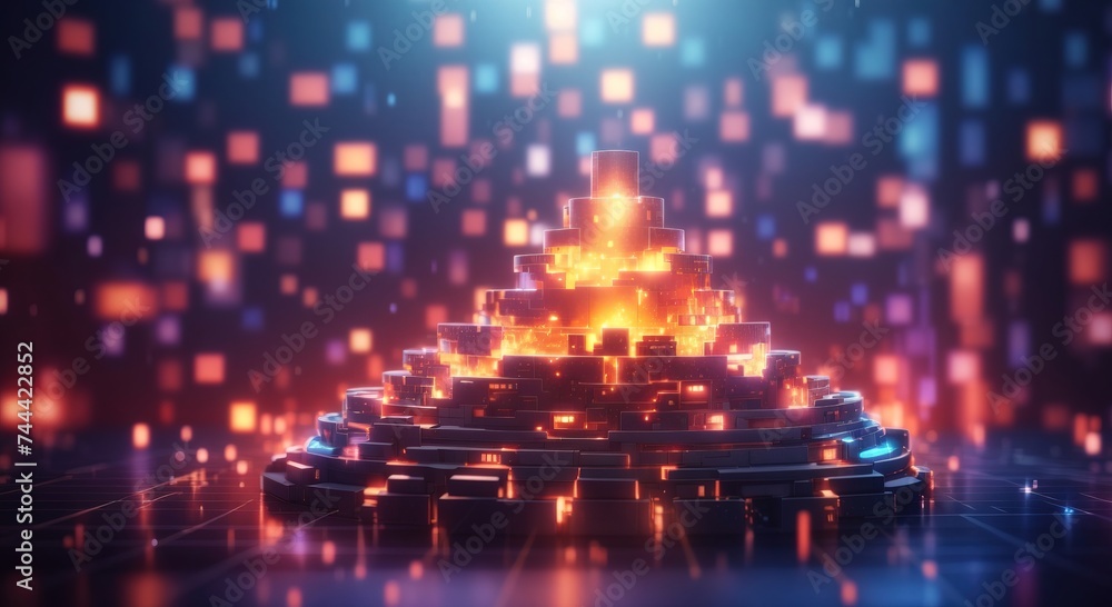 Obraz premium Digital fortress surrounded fire hologram background