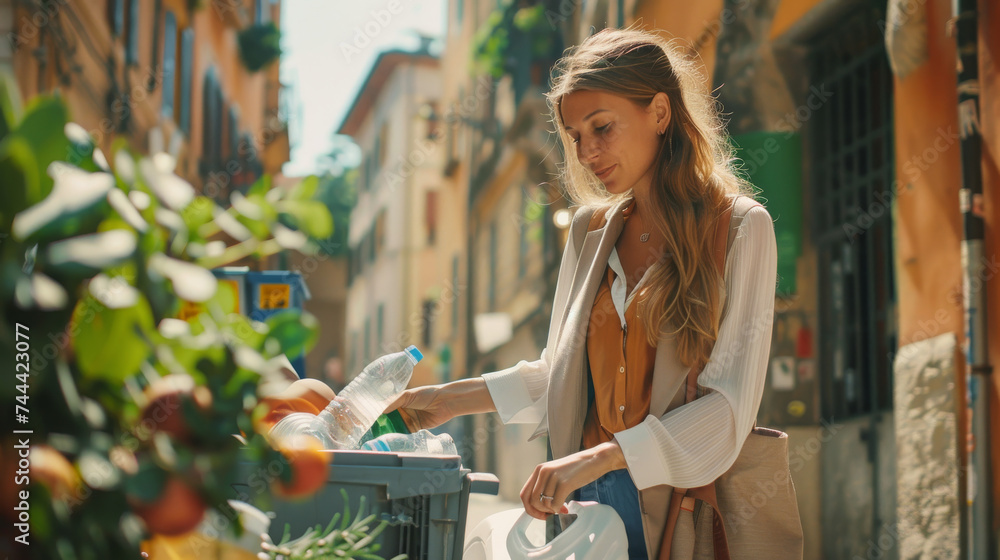 Young caucasian woman throwing away a plastic bottle in public plastic recycling bin in European city street - obrazy, fototapety, plakaty 