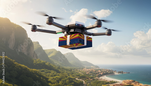 Technological shipment innovation in Arizona - drone fast delivery concept, multicopter flying with cardboard box with flag Arizona above city