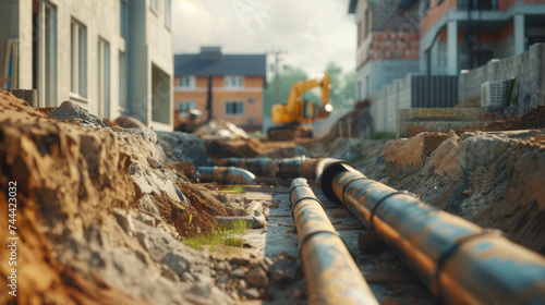 Installation of a sewage pipes in the street by public works to give access to mains drainage to neighboring houses and buildings photo